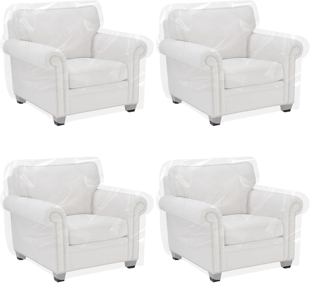 Klmnop 4 Pcs Outdoor Plastic Chair Cover, Waterproof Armchair Dust Proof Plastic Couch Cover, Furniture Cover for Recliner Sofa Chair Couch Moving and Storage(37 x 30 x 30 Inch)