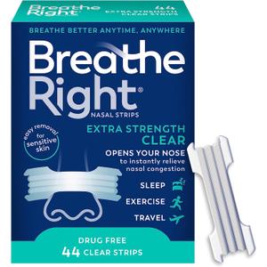 Breathe Right Nasal Strips | Extra Strength | Clear | For Sensitive Skin I Drug-Free Snoring Solution & Nasal Congestion Relief Caused by Colds & Allergies | 44 Count (Packaging May Vary)