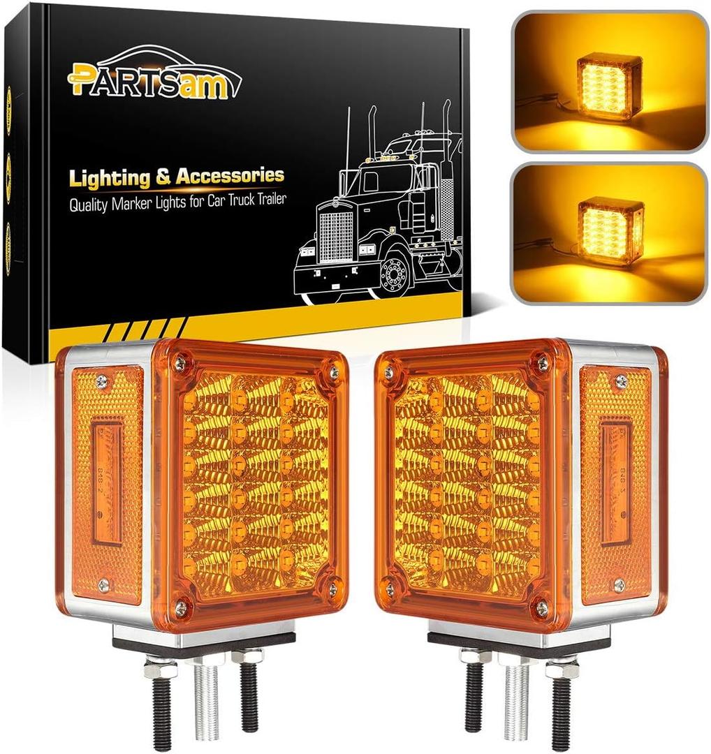 Partsam LED Pedestal Lights Amber/Amber Double Face 39 LED Turn Signal Lights Stud Mount Fender Lights Side Marker Lights for Heavy Truck Trailer Freightliner Peterbilt Mack Western Star