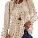 Falechay Boho Tops for Women Long Sleeve Shirts Crewneck Flowy Womens Blouses Dressy Casual Lace Hem Clothing Trendy 2026 (X-Small, Apricot-black Dots)