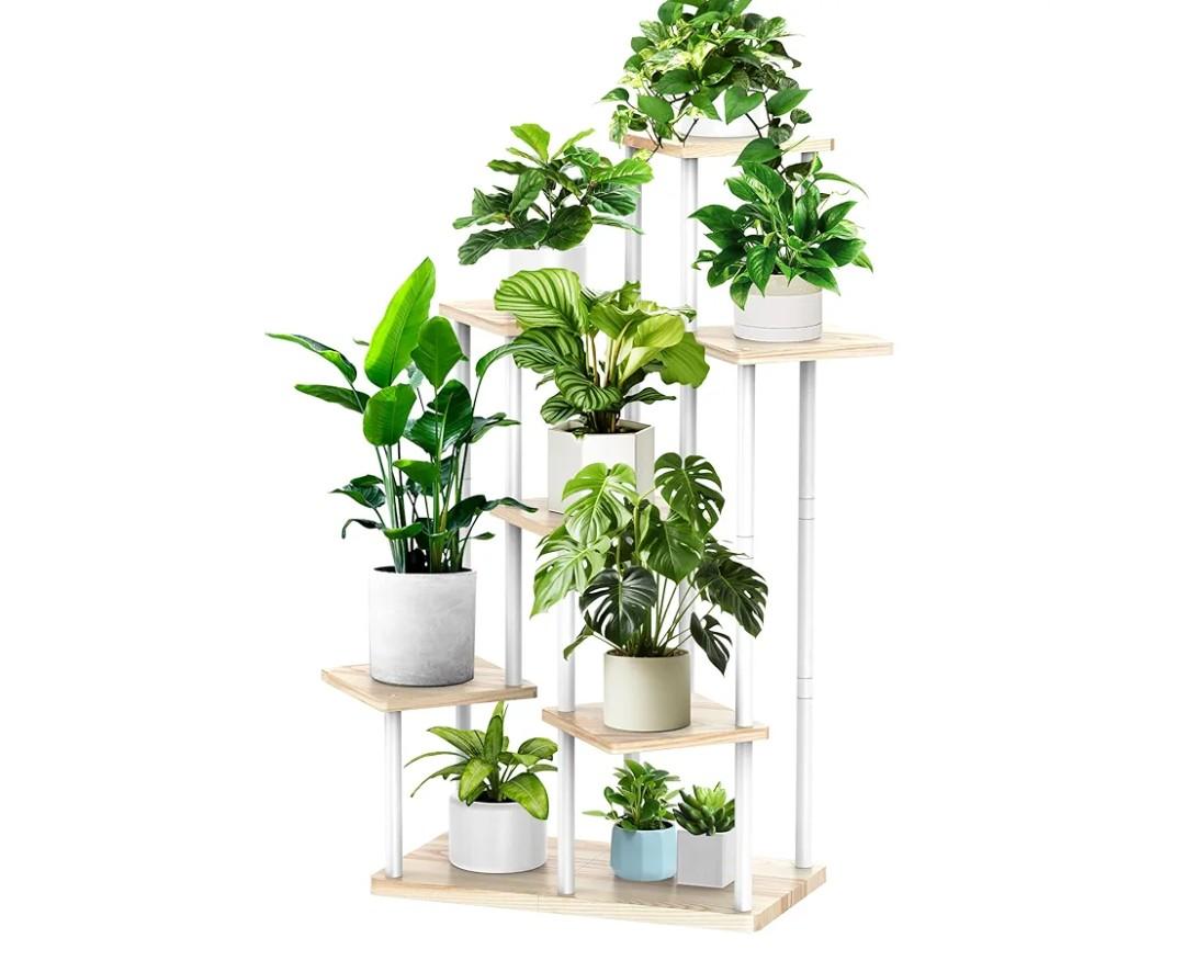 7 Tier Wood Tall Plant Stand Metal Rack Indoor, Multiple Flower Pot Holder Shelves Corner Rack, Planter Shelf Display Rack Storage Organizer for Patio Living Room Balcony Garden (White Oak)