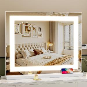 Fenair Vanity Mirror with Lights: 23" x 18" LED Makeup Mirror with 3 Color Modes and Adjustable Brightness Hollywood Mirror with 10X Magnification Large Light Up Mirror with USB Charging Port White