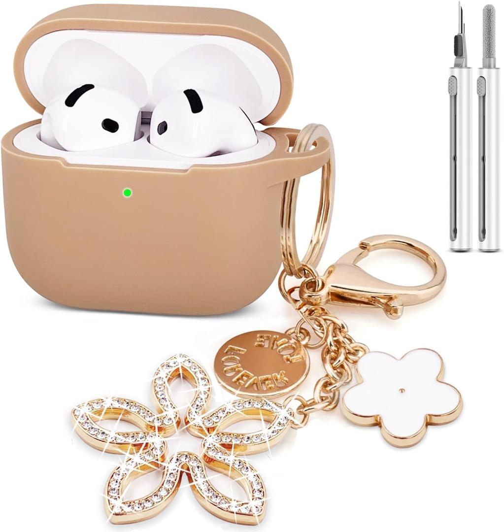 Compatible with AirPods 4 Case Cover, Silicone Protective Case for Airpod 4 with Bling Keychain, Case Cover for Apple AirPods 4th Generation Wireless Earbuds with Cleaner Kit (Milk Tea)