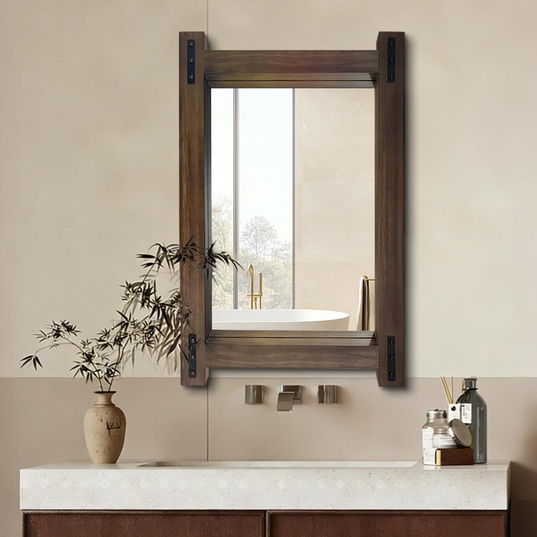 Scoffee Rustic Wood Bathroom Mirror 36"x24" Farmhouse Wall Hanging Vanity Mirror Decorative Wall Mounted Mirrors for Bedroom Entryway Living Room