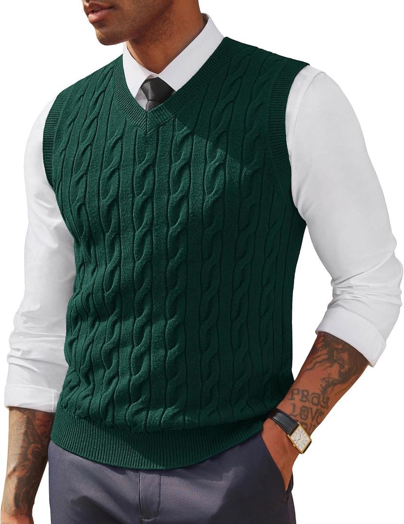 PJ PAUL JONES Men's Sweater Vests V Neck Cable Twist Knit Sleeveless Vests Casual Pullover Sweater (Green, L)