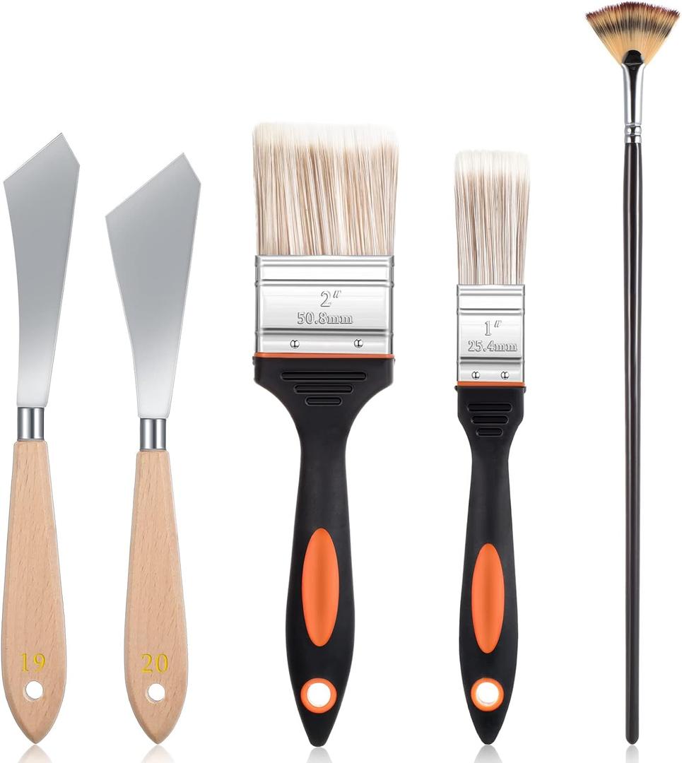 5 Pieces Painting Knife Set Background Blender Brush and Fan Blender Artist Brush Stainless Steel Palette Knife 2 Inch and 1 Inch for Oil Canvas Acrylic Painting