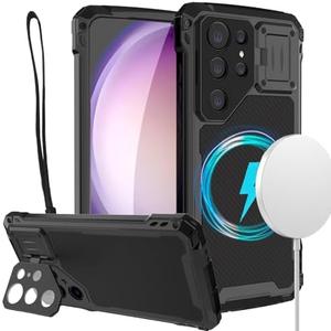 YQODSZ for Samsung Galaxy S23 Ultra Case with Camera Cover Stand, [Magsafe Compatible] Military Rugged Heavy Duty Drop Protection Screen Protector Case for S23 Ultra Black