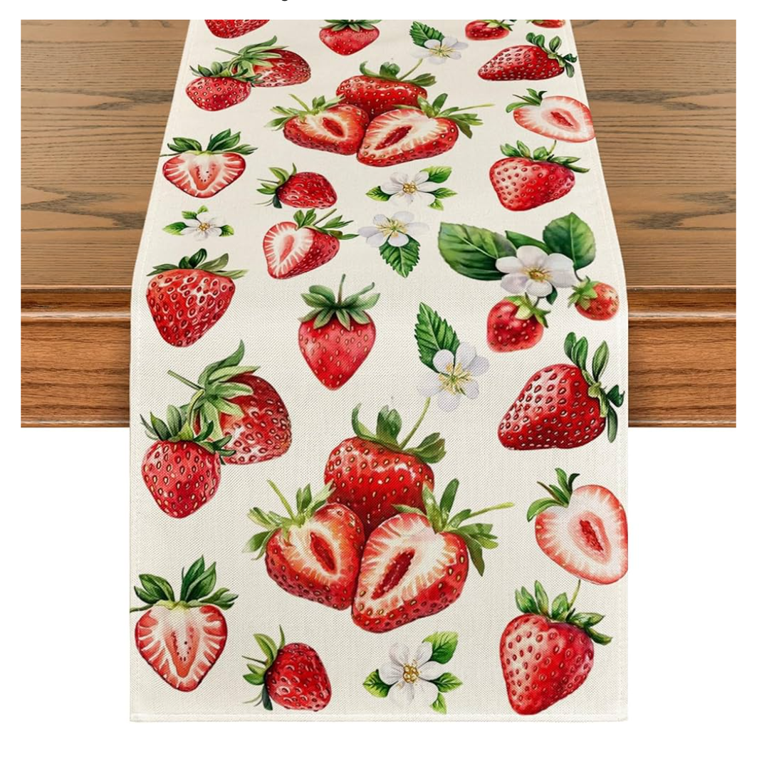 Artoid Mode Strawberry Wildflowers Fruit Spring Summer Table Runner, Seasonal Kitchen Dining Table Decoration for Home Party Decor 13x72 Inch