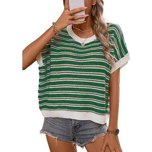 RICHSTORY Summer Sweaters for Women 2026 Casual Round Neck Cap Sleeve Striped Sweater Vest Loose Fall Fashion Teacher Clothes Spring Tops Crochet Shirts, Green, X-Large