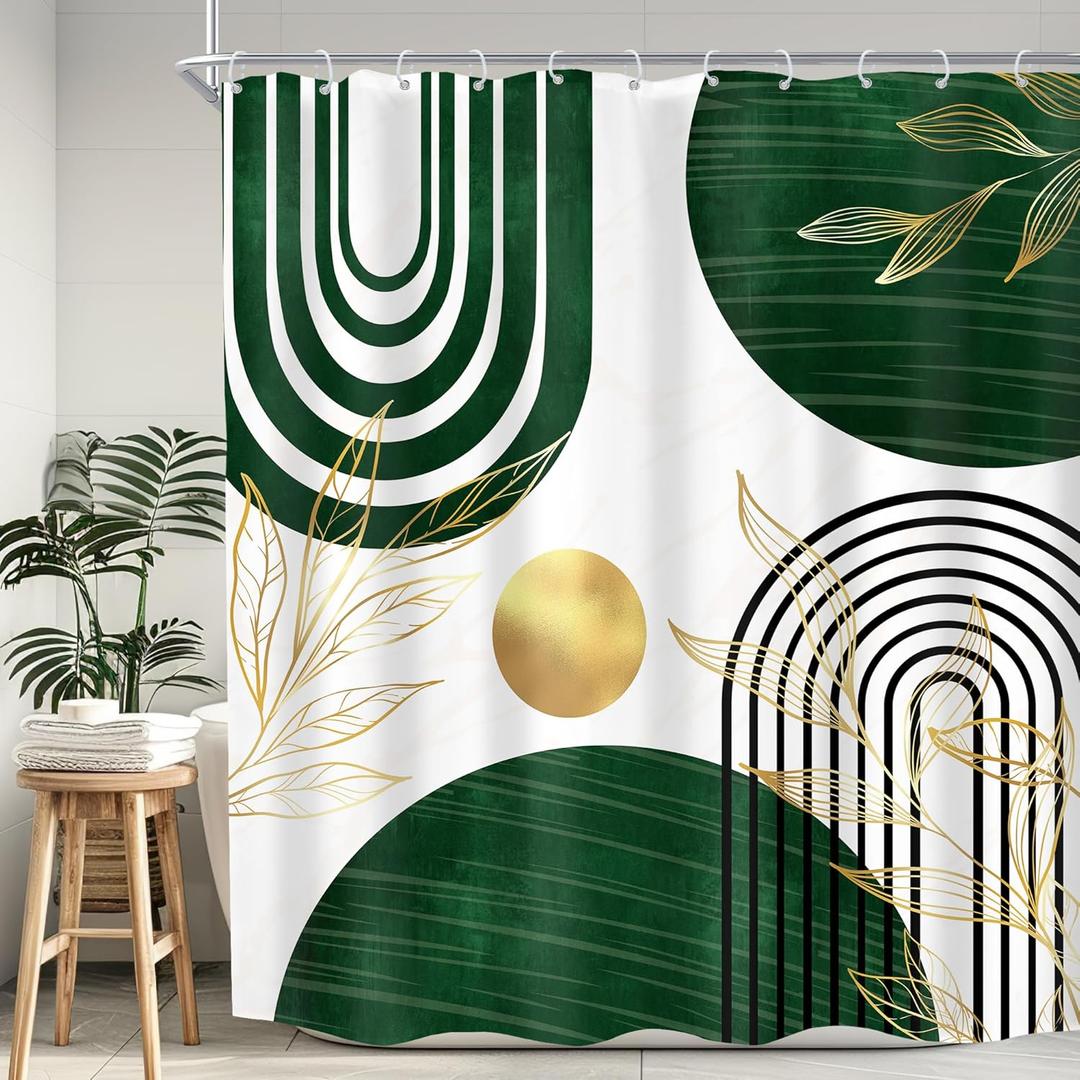 KOMLLEX Green Boho Shower Curtain for Bathroom Decor 72Wx72H Inches Abstract Retro Gold Mid Century Minimalist Modern Leaves Arch Geometric Fabric Waterproof Polyester 12 Pack Hooks Pack Hooks