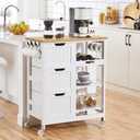 Yaheetech Kitchen Island Cart on Wheels with Bamboo Countertop, Rolling Serving Utility Trolley Cart with 3 Drawers, 3 Removable Shelves & Lockable Casters, Storage Cabinet for Dining Room, Bar, White