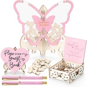 Weysat Pink Butterfly Quinceanera Wooden Guest Book Alternative Drop Box Alternative Special Gifts for Girls, Sweet 15th Birthday Decor, Quinceanera Birthday Party Sign Book for Guests