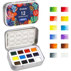 Grabie Pocket Watercolor Set of 12, Travel Watercolor Paint Set, Watercolor Paints, Art Supplies for Painting, Great Watercolor Set for Artists, Amateur Hobbyists and Painting (Essential Color)