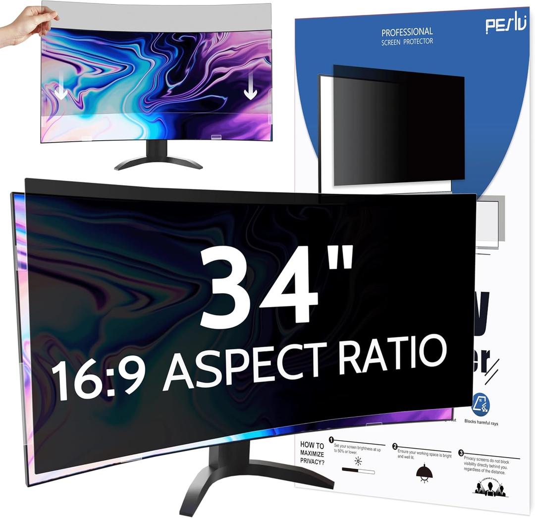Peslv Computer Privacy Screen 34 Inch for 21:9 Curved Monitor, Removable 34inch Anti Blue Light Anti Glare Monitor Privacy Filter Shield