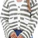 Saodimallsu Womens Striped Cardigan Sweaters Cropped Fall Button Open Front Long Sleeve Knit Sweater Coat with Pockets L