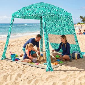 HOMEDEMO 6'6' Beach Cabana, Beach Canopy Tent Easy Set up and Take Down with Sand Pockets, Big Sandy Anchor, Elongated Side Wall for Sand, Green Leaves