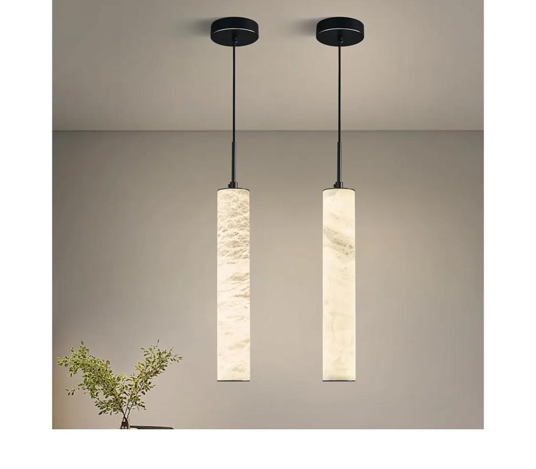 LMQNINE Natural Alabaster Pendant Lights for Kitchen Island White Marble Long Tube Chandelier Modern Black Ceiling Light Fixtures for Bedroom Dining Room Table Living Room Hallway(M-2Pack)