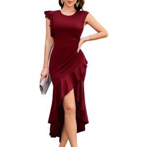 Dressystar 2026 Women High Low Wedding Guest Prom Dress Bodycon Sleeveless Ruffle Formal Evening Cocktail Party Dresses (Medium, Burgundy)