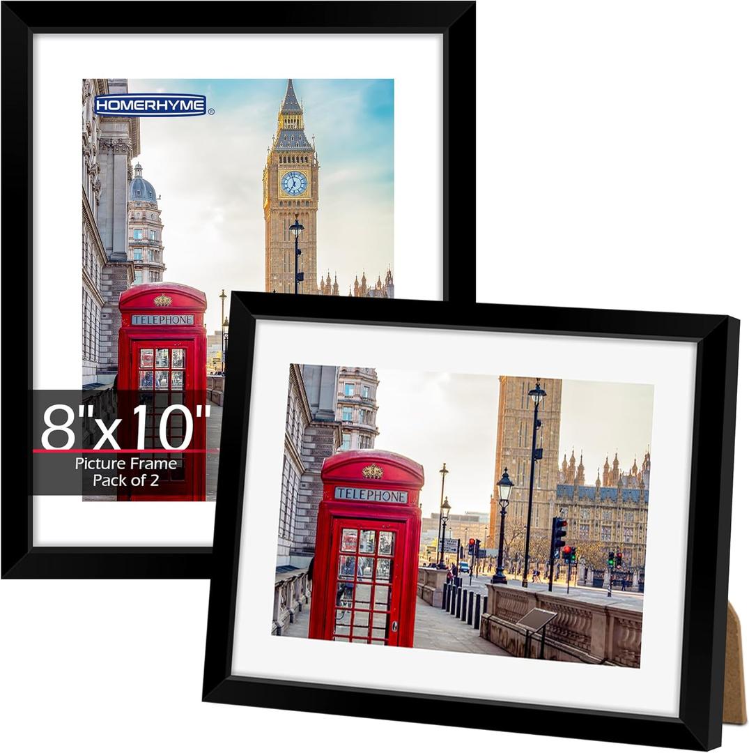 HOMERHYME 8x10 Picture Frame Set of 2, Black Photo Frame for Tabletop or Wall Display, Display Pictures 5x7 with Mat or 8x10 Without Mat, Frame Collage with HD Plexiglass for Gallery Wall Home Decor