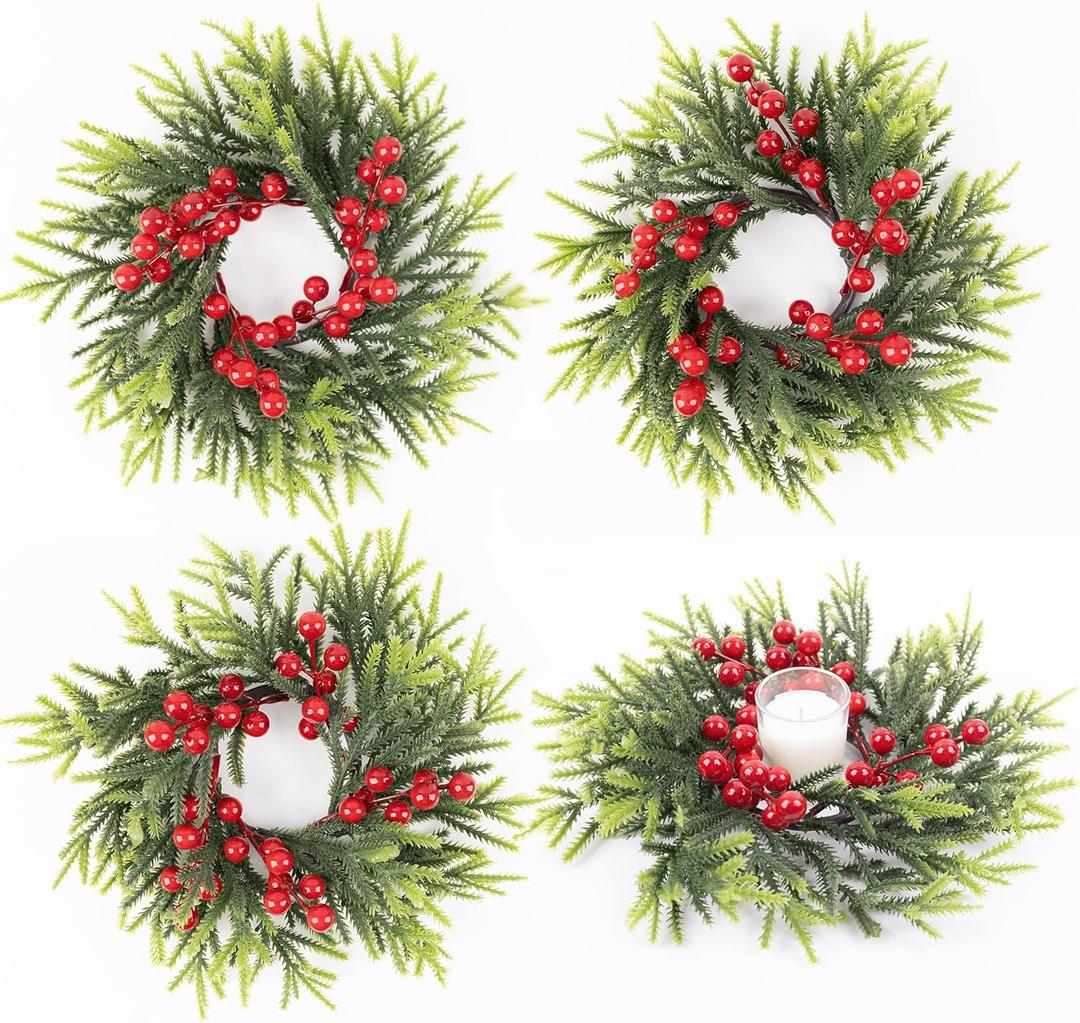 MINDELF 4 Pack Small Christmas Wreath, Mini Ring Wreaths with Red Berries and Spruce, Artificial Small Xmas Wreaths Hanging Decoration Garlands for Home Table Kitchen Window Chair Wall Front Door