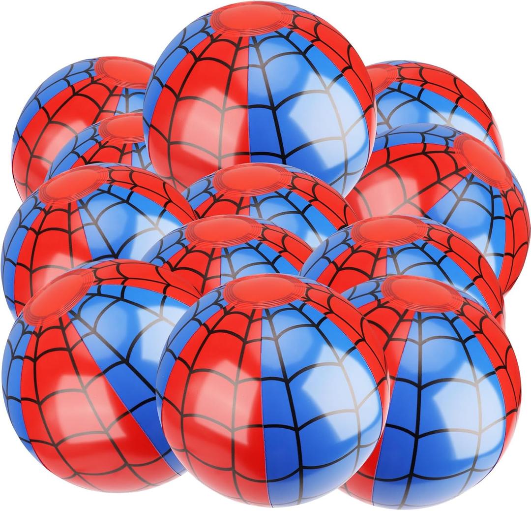 12pcs Spider Web Beach Balls, PVC Material Inflatable Blue and Red Beach Balls Water Toys for Kids Party Outdoor Activity Summer Pool Game Supplies