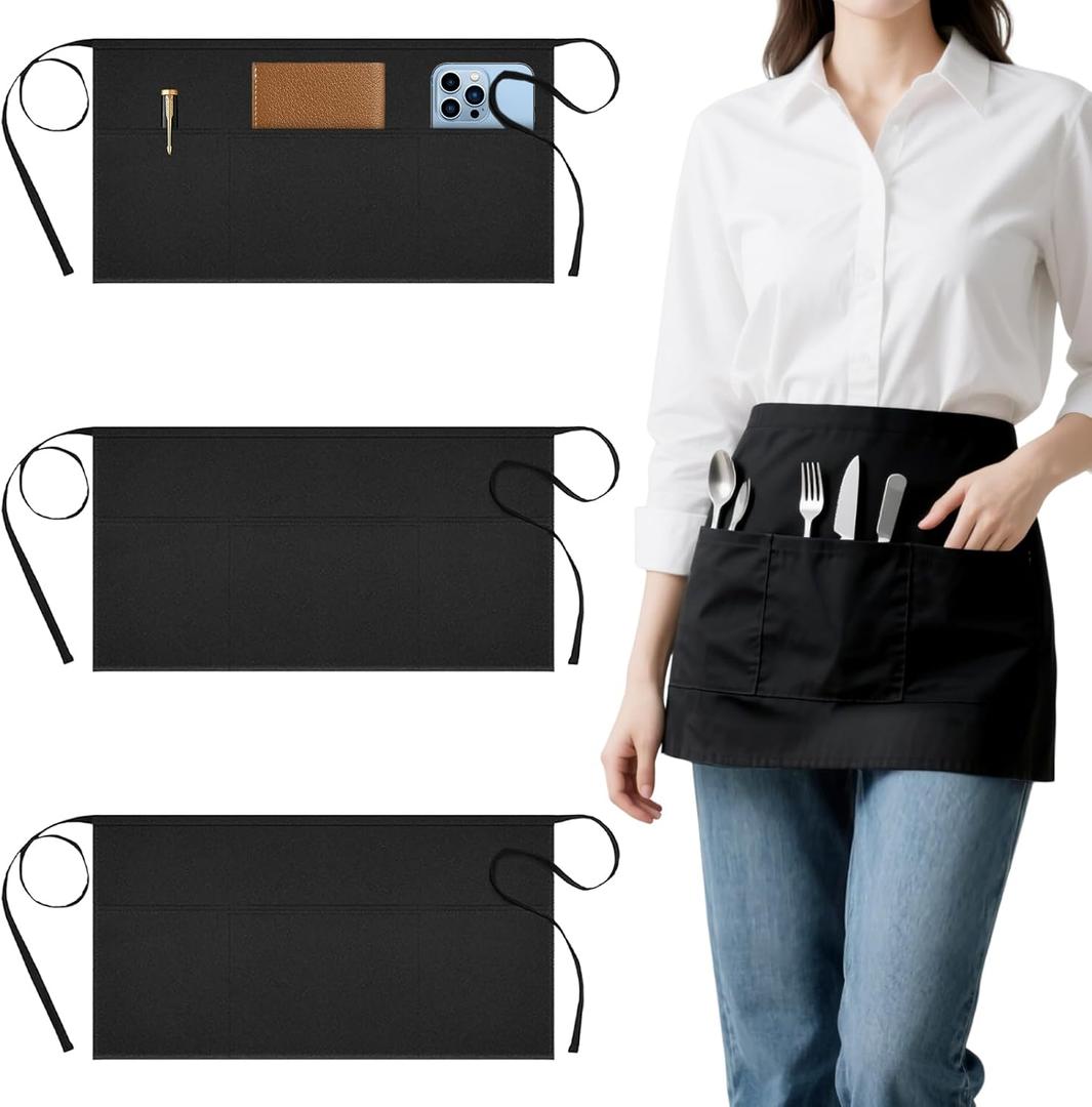 Tedux 3 Pack Black Server Apron with 3 Large Pockets, 24 x 12 In Waitress and Waiters Half Apron for Restaurant Cafes Bars