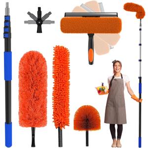 26 Foot High Reach Duster Kit with 5-19 ft Telescoping Extension Pole, High Ceiling Duster, Cobweb Duster, Window Squeegee, Feather Duster, Outdoor & Indoor Extendable Duster Cleaning Kit