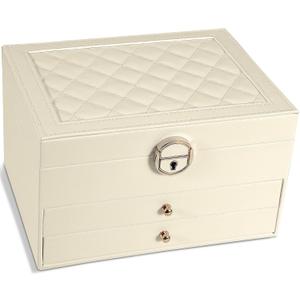 GUOER Jewelry Box for Women Girl Wife 3 Layers Large PU Leather Jewelry Organizer Storage Case with Two drawers Display for Earrings Bracelets Rings Watches (Apricot)