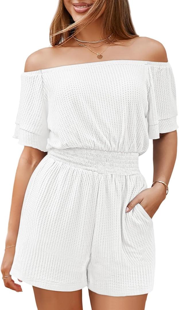Fixmatti Strapless Jumpsuit Romper For Women Casual Off The Shoulder One Piece Outfits White XL