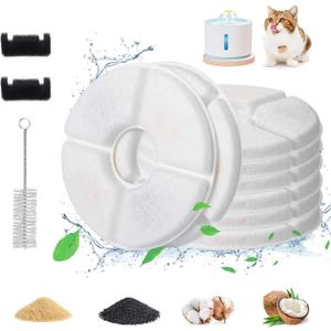 11 Pcs Cat Fountain Filter Replacement - Compatible with 2.5L Automatic Pet Water Fountain, 4-Layer Filtration System, Includes 8 Carbon Filters, 2 Sponges, and 1 Cleaning Brush