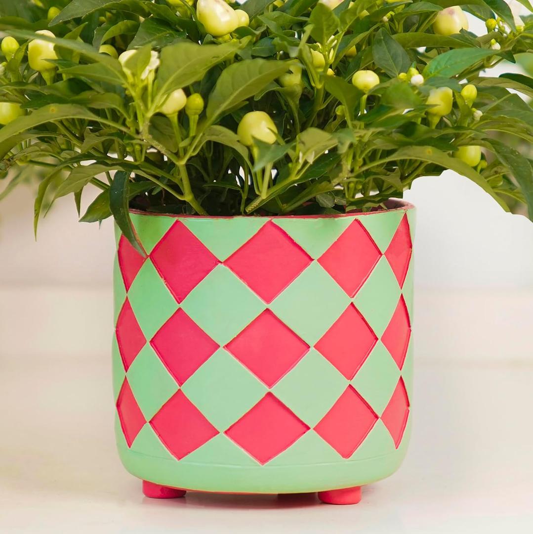 Pointnio 5 Inch Small Flower Pots for Indoor Outdoor Plants, Unique Resin 3D Checked Pink and Green Planters with Drainage Holes, Cute Plant Pots for Room Decor