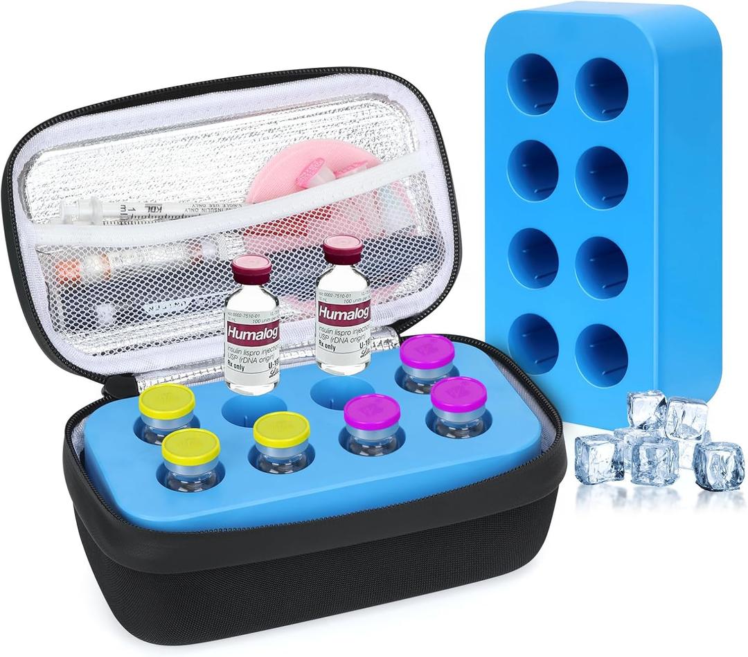 YOUSHARES Insulin Vial Cooler Travel Case - 8 Slots Freezable Ice Brick Organizer for Peptide Vials, GLP-1 Fridge Holder Diabetic Small Bottle Refrigerator for 10ml U-100 Vials