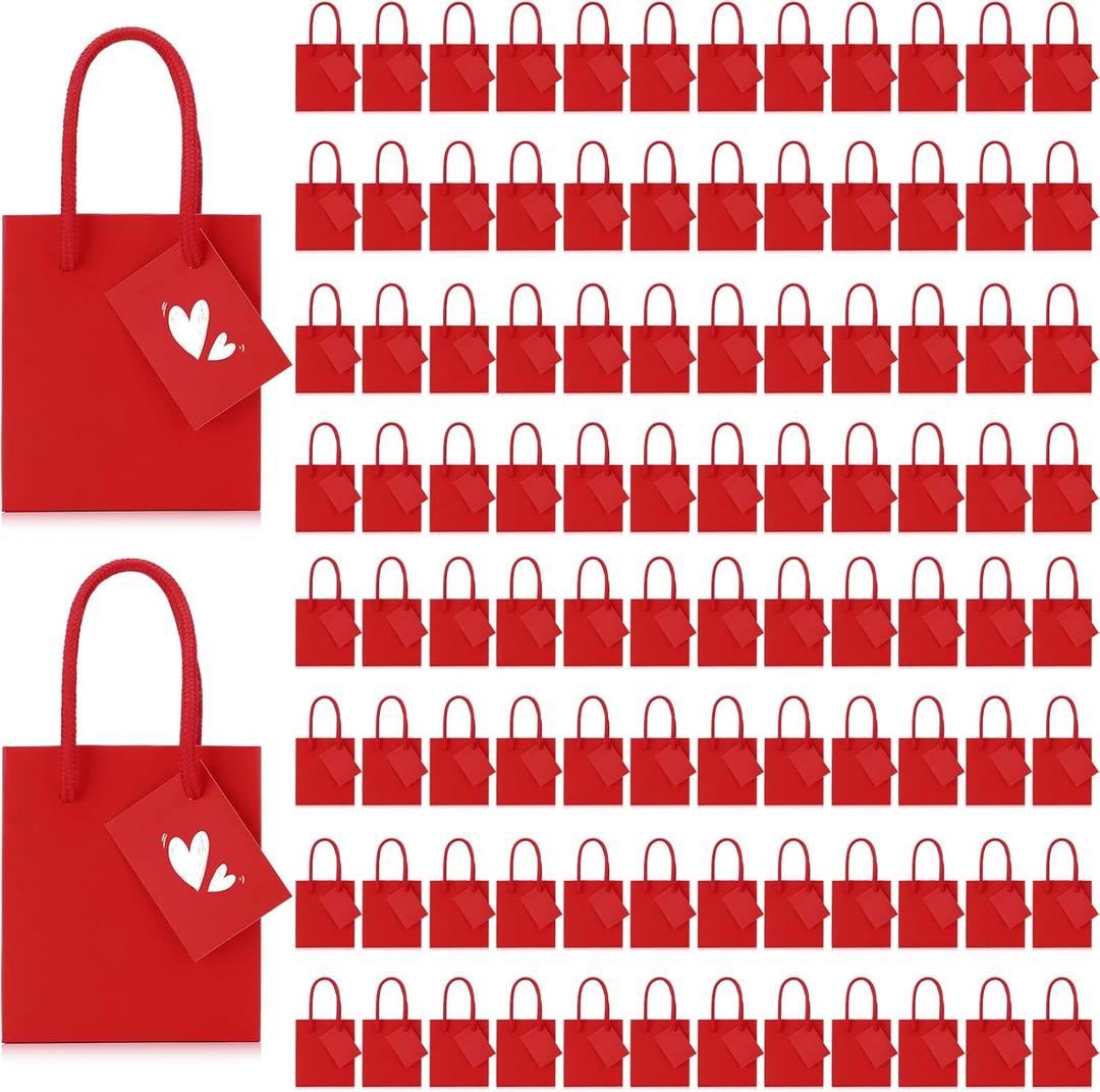 Sherr 100 Pack Mini Gift Bags Bulk, 4 x 2.75 x 4.5 Inches Paper Bags with Tags, Extra Small Paper Gift Boxes with Handles for Birthday, Party Favors, Weddings, small business(Red)
