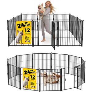 Dog Playpen 24 inch 12 Panels for Indoor & Outdoor Use – Heavy-Duty Metal Pet Fence with Ground Stakes, Rounded Ball Tops for Safety, Stable & Foldable Design, Easy to Assemble