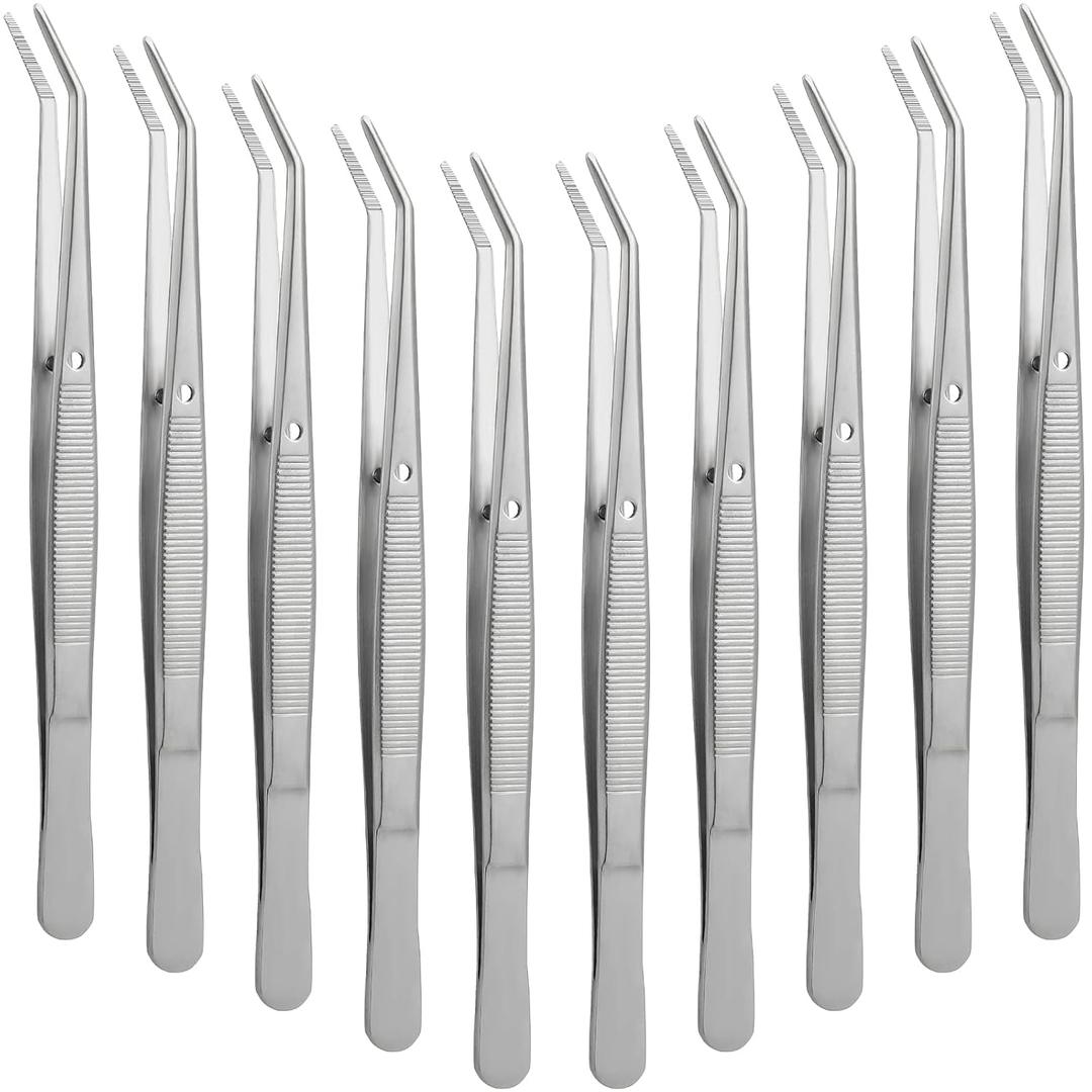 Honoson 10 Pcs Stainless Steel Tweezers for Crafting with Curved Serrated Tip Multipurpose Forceps Sewing Machine Tweezers Bulk (Silver)