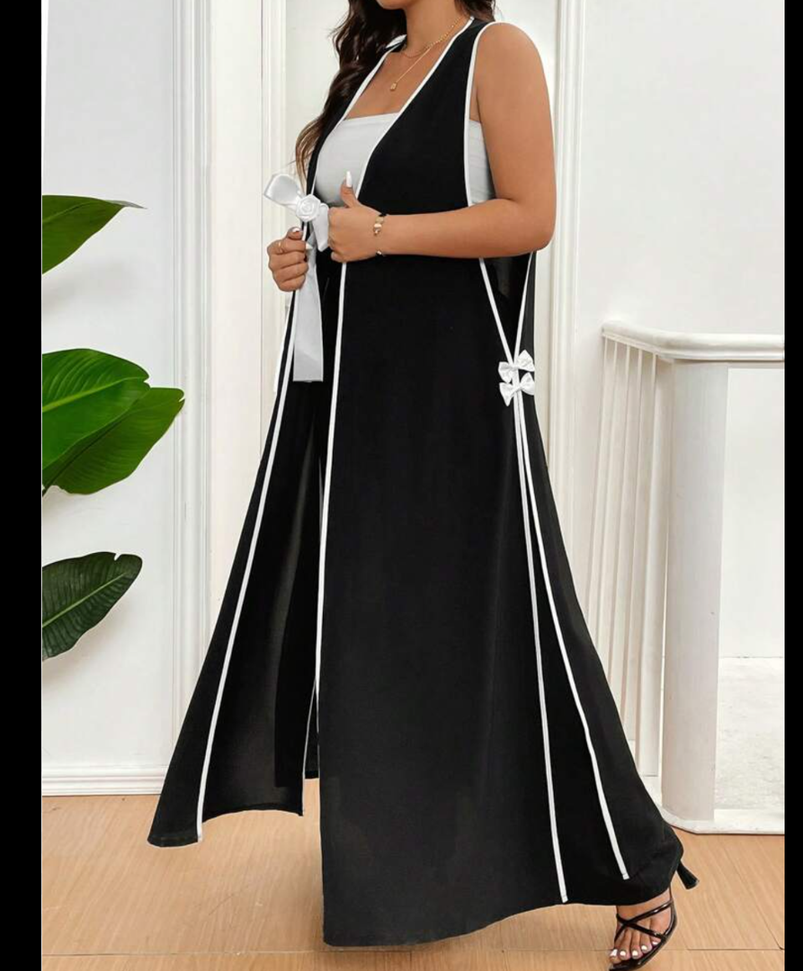 Emery Rose Plus Size Color Black Bow Decor Long Vest Jacket+Black Pants, XL