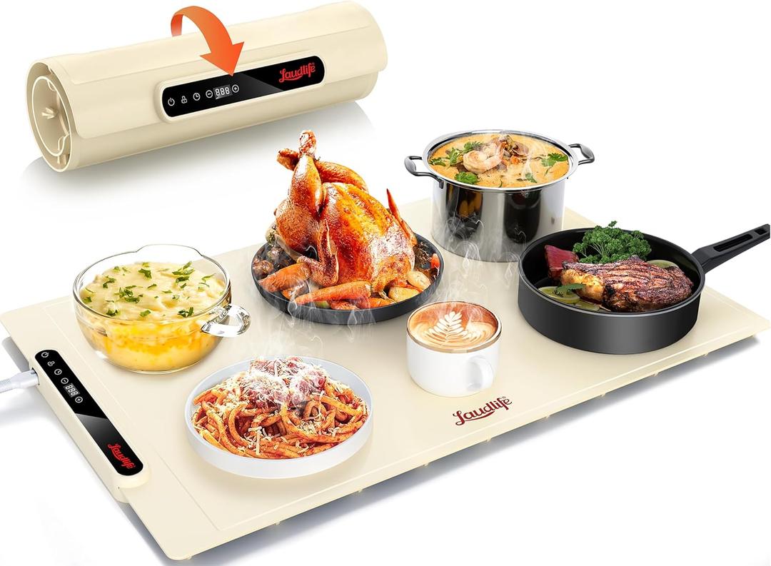 Food Warming Mat 24x16 Inches, Electric Warming Tray with 7 Temps, Foldable Food Warmer for Parties, Buffets, Family Gatherings, Holiday & Sabbath, Child Lock, Heating Mat for Food, Beige (Beige)