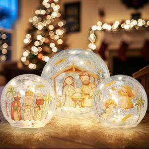3 Pack Nativity Crackle Glass Ball with LED Lights Glow Nativity Table Decorations Indoor Globes Lamp with Jesus Manger Three Wise Men Angel for The Birth of Jesus Table Centerpiece Home