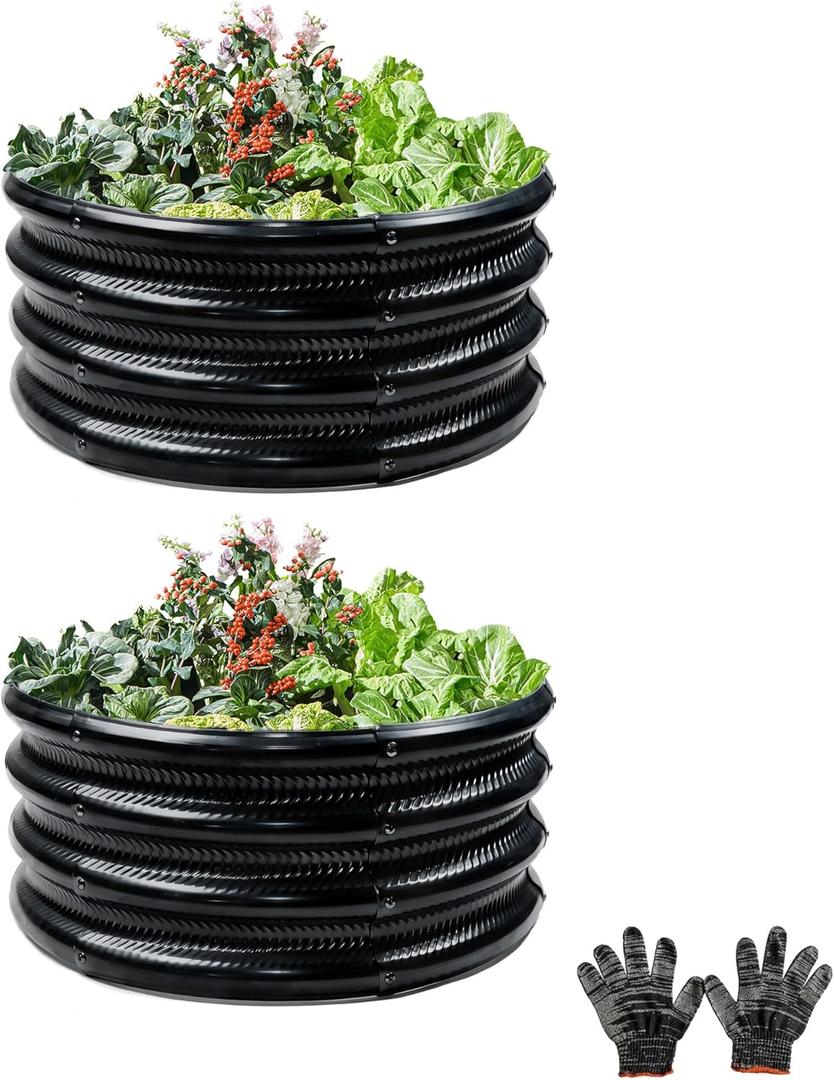 Gartist 2 Pcs 2x2X1 FT Round Galvanized Raised Garden Bed Kit, Black Outdoor Planter Garden Bed, Metal Raised Box for Vegetables, Fruits, Flowers & Herbs