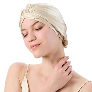 SGMSILK Silk Bonnet for Sleeping Women, 100% Mulberry Silk Sleep Cap with Elastic Band, Real Mulberry on Both Sides, Champagne
