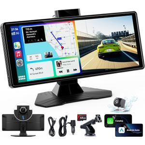 Portable Wireless Carplay Screen for Car: 10.26" HD Car Tablet Compatible with Apple Carplay Android Auto Stereo Touchscreen with 4K Dash Cam/Backup Camera/GPS Navigation/Mirror Link