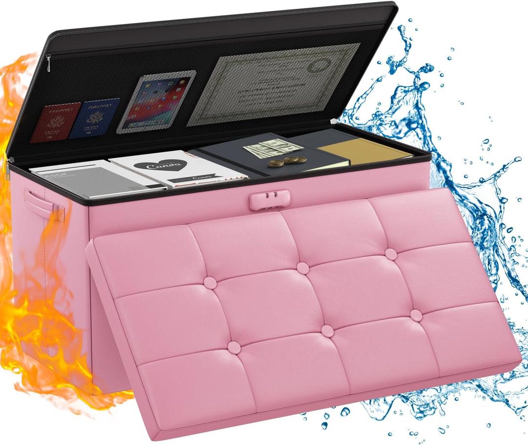 ENGPOW Storage Ottoman Bench,Fireproof Folding Bench with Lock,30 Inches FireWater Resistant Storage Chest Foot Rest Stool Leather Bedroom Ottoman Safe for Documents,Valuables, Pink, 15"D x 30"W x 15"H
