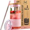 Pandaloo Glass Cups With Lids and Straws -20 Fl Oz- Perfect Size Iced Coffee Cup - Smoothie Cup With Bamboo Lid and On the go Lid - Glass Tumbler With Straw, Tender Pink