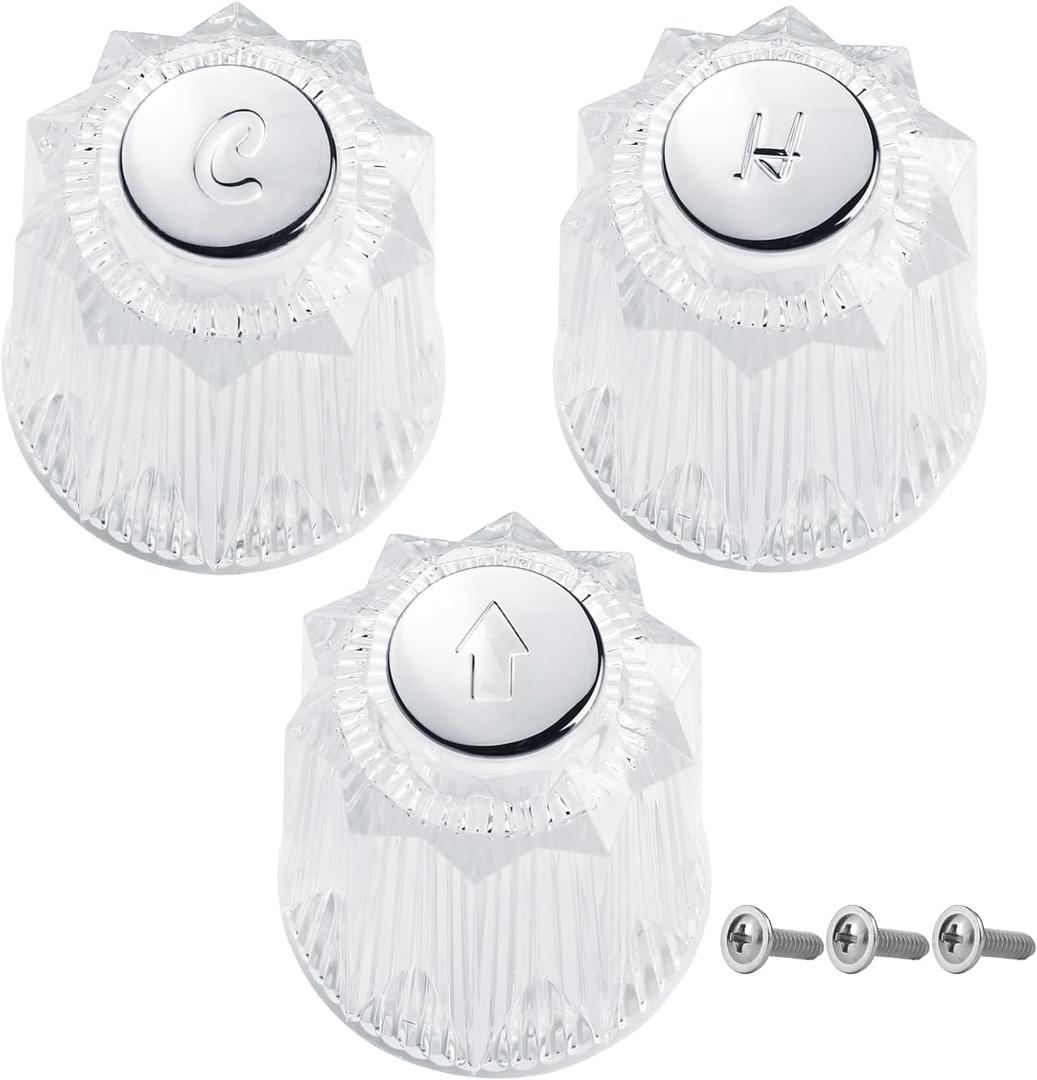 3 PCS Shower Handle Replacement, Clear Hot/Cold/Diverter Knobs, Compatible Bathroom Shower Handle