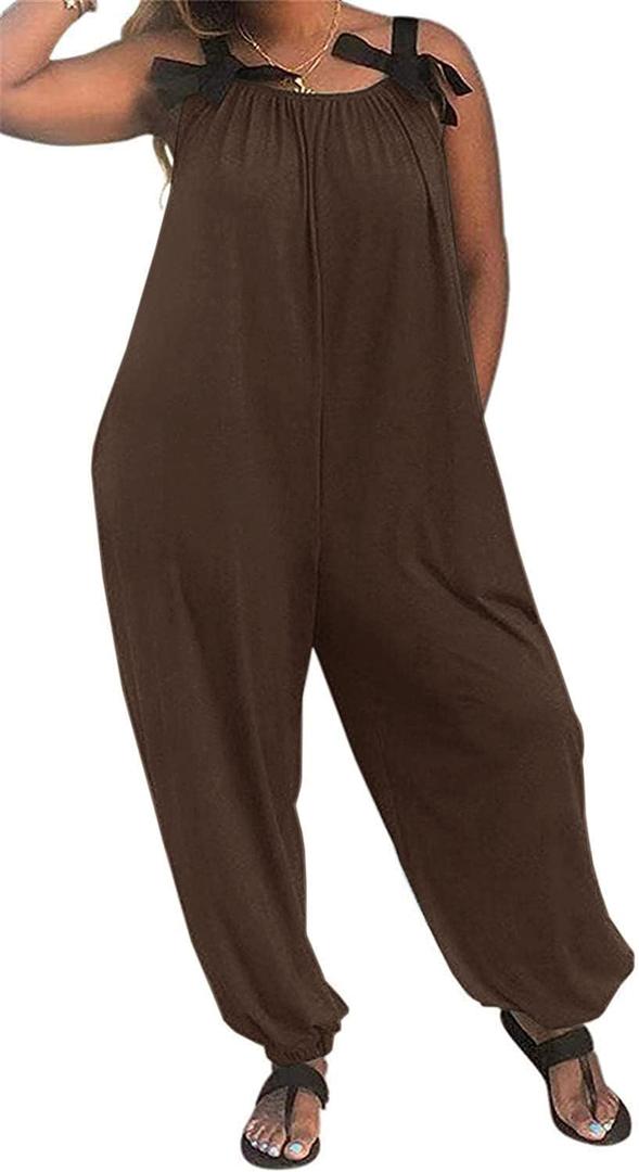 LAMISSCHE Wonens Plus Size Overalls Spaghetti Strap Baggy Romper Harem Wide Leg Jumpsuit With Pockets (3X-Large, Chocolate)