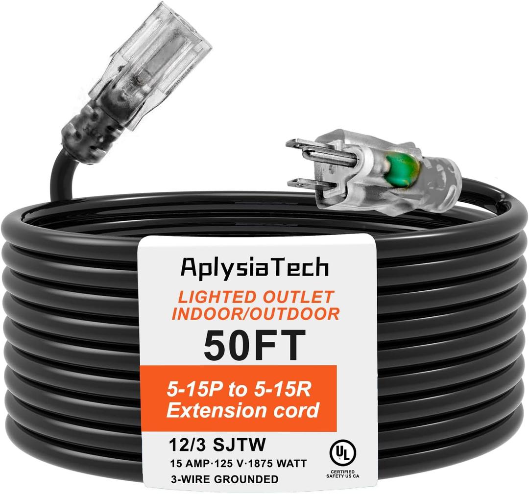 50 Foot Black Outdoor Lighted Extension Cord 12/3 SJTW Heavy Duty Outdoor Waterproof Extension Cord with 3 Prong Grounded Plug for EV/RV,Lawn, Garden and Home - UL Listed 5-15P to 5-15R