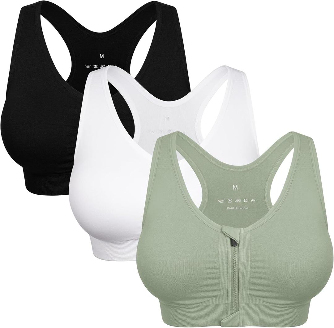 Women's Zip Front Sports Bra Wireless Post-Surgery Bra Active Yoga Sports Bras (Medium, 3 Pack(black+white+green))