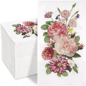 Homlouue 100PCS Vintage Pink Flower Napkins, 3 Ply Disposable Hand Towels for Bathroom, Floral Paper Napkins Disposable Dinner Napkins for Spring Wedding Baby Shower Bridal Shower Birthday Tea Party