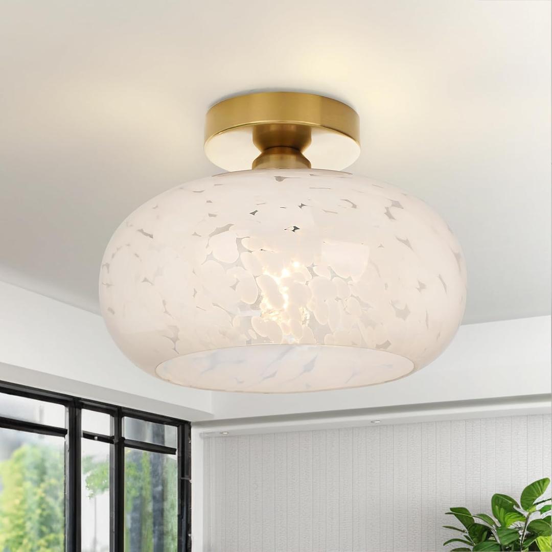 Frideko Home Semi Flush Mount Ceiling Light Fixture - Upgraded Larger Hallway Light Fixtures Globe Glass Close to Ceiling Lamp Gold Modern Light Fixture for Bedroom, Bathroom, Entryway, Kitchen (11 Inch, White Cloud)