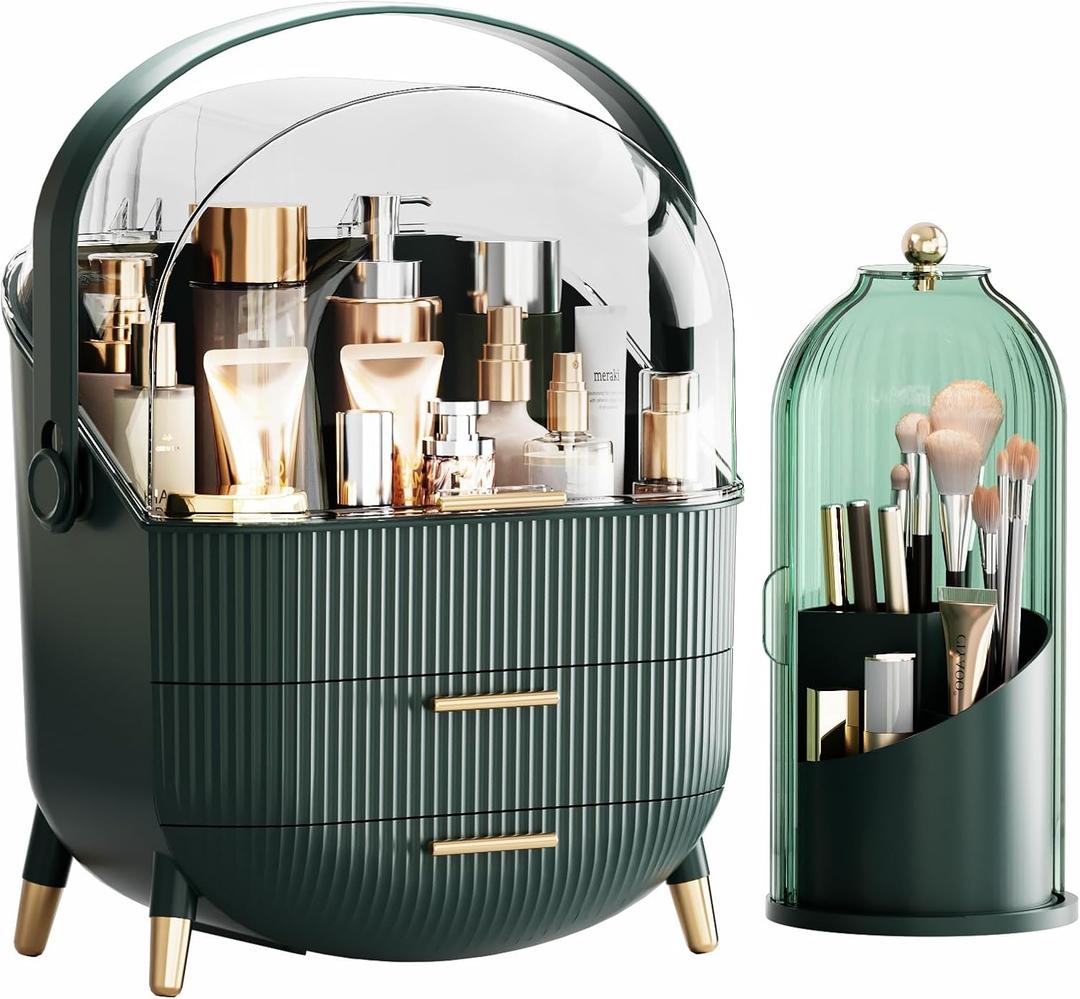 fanado Makeup Organizers Countertop, Makeup organization for Vanity, Cosmetic Storage with Lid and Drawers, Skincare Display Cases with for Desktop, Bathroom (Green)